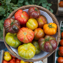 Overhead view of of fresh heirloom tomatoes at a farmer’s market in France
