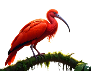 Scarlet Ibis on Branch with Jungle Vines PNG