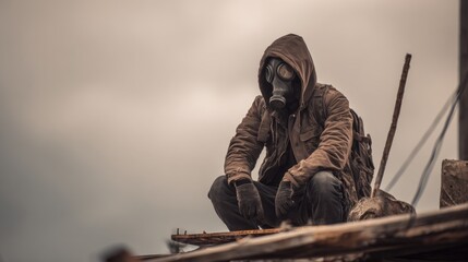 Person in protective gear with gas mask outdoors against overcast sky