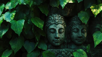 Obraz premium Two statues of faces are sitting on a green leafy background