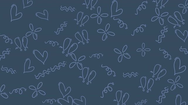 Hearts, flowers, squiggles, and birdlike figures on blue background. Suitable for valentines day designs or lovethemed projects.