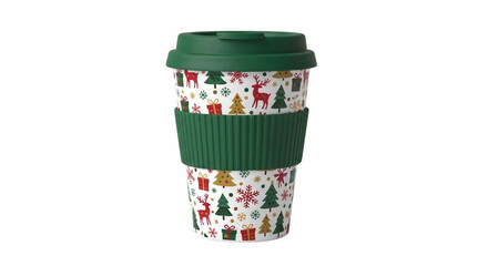 Christmas Themed Reusable Coffee Cup with Green Lid and Sleeve 