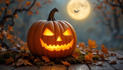 A spooky jackolantern glows under the moonlight on a wooden surface