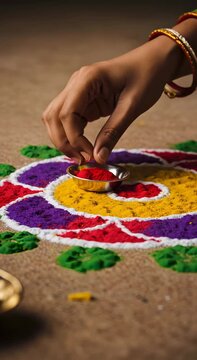 Woman making a traditional rangoli on ground for Diwali celebration, religious Indian festival art footage