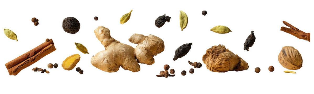Collection of various aromatic spices on a white background.