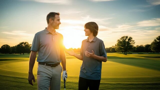 man with golf club walks alongside boy on sun-drenched green golf course at golden hour Both wear polos engaged in conversation amidst distant trees and visible flagstick