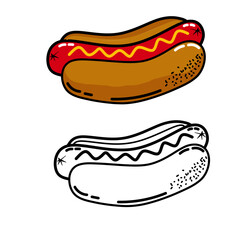 Hotdog seamless pattern. Hotdog doodle hand drawn. Outline hand drawing hot dog clipart symbol, Illustration of hotdog for coloring page of kids books.