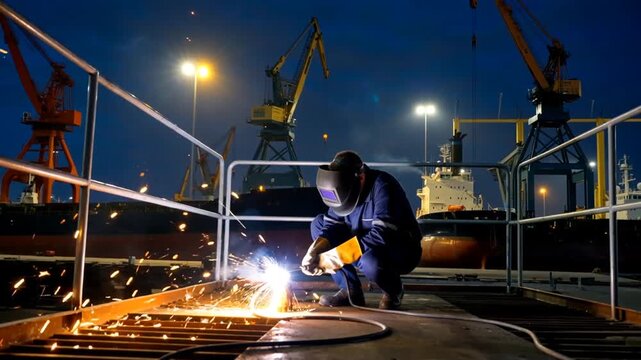 Professional welder in protective gear welding metal structure at industrial shipyard port during night shift with bright sparks flying