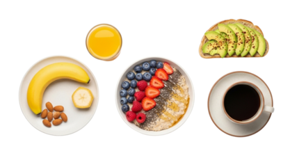 Healthy Breakfast Spread Featuring Oatmeal, Fruits, Avocado Toast, and Coffee