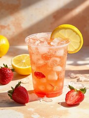A glass of strawberry lemonade with a slice of lemon on top of it
