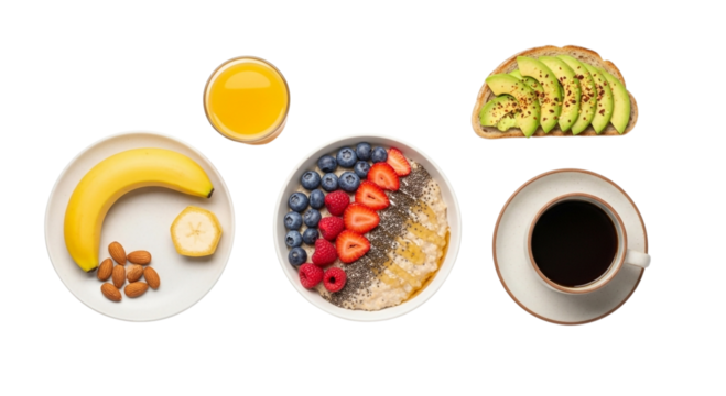 Healthy Breakfast Spread Featuring Oatmeal, Fruits, Avocado Toast, and Coffee