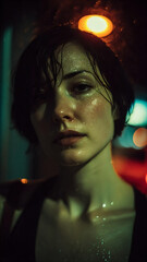 A woman who looks at her with her eyes and the rain dripping wet