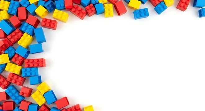Colorful Building Blocks Border  Red with Blue, and Yellow Toy Bricks on White Background.