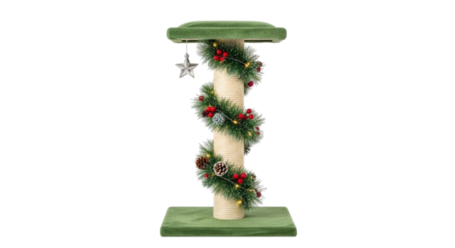 Festive Christmas-Themed Cat Scratcher Decorated with Holiday Ornamentation