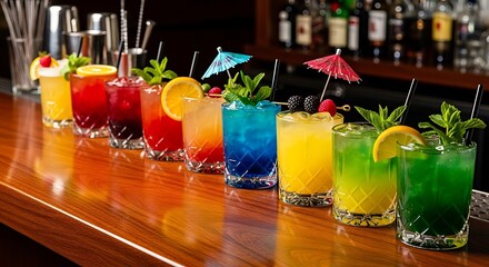 Colorful Cocktails Lined Up on Bar with Decorated with Fruit and Mint Party Drinks.