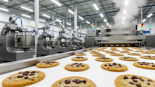 Rows of freshly baked chocolate chip cookies travel along an automated conveyor belt in bustling modern food factory heading towards large steaming oven with mixers in the distance