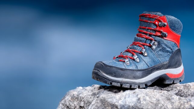Durable hiking boots resting on rugged rock surface sturdy boots offer comfort grip on challenging terrain