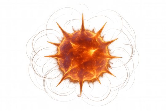 Dangerous virus or bacteria cell glowing orange with spikes, representing infection, disease, and global pandemic threat