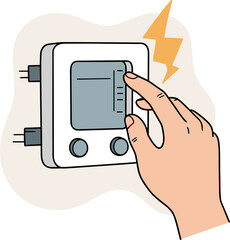 Hand adjusting settings on a digital thermostat with power icon  