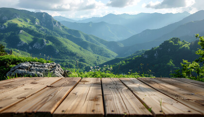 Naklejka premium Empty Wooden Table with Stunning Mountain Landscape View.