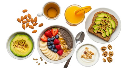 Healthy Breakfast Spread: Avocado, Oatmeal, Juice, and More