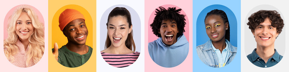 A colorful collage features six individuals, each displaying joyful expressions. The diverse group...