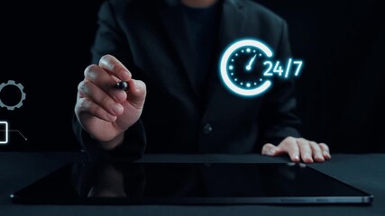 A professional individual interacting with a futuristic digital clock symbolizing 24 hour availability. Ideal for illustrating customer support and modern communication concepts. Qubit - Powered by Adobe