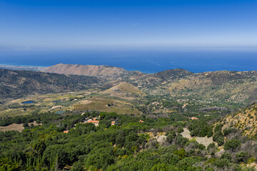 Fototapeta premium Aerial drone view of Gibilmanna historic Christian sanctuary and pilgrimage site in Madonie Natural Park mountains near Cefalu on Pizzo Sant Angelo slope Sicily island southern Italy Europe