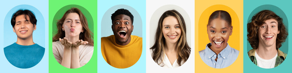 A colorful collage features a group of young adults showcasing various emotions. Each personality reflects happiness, surprise, and playfulness, set against soft pastel backgrounds.
