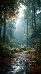 Obraz premium A path in the middle of a forest in the rain