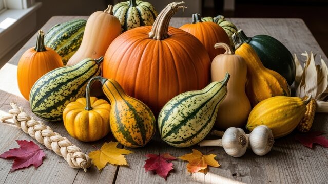Autumn harvest arrangement of pumpkins and gourds on a wooden table. - Powered by Adobe