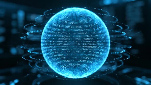 Digital sphere with binary code and circular data streams in blue tones display