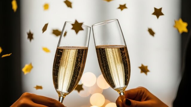 Toasting with two glasses of champagne and confetti.