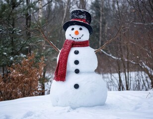 Obraz premium Snowman with a black top hat and red scarf stands proudly in a winter landscape, surrounded by snow-covered trees, embodying the joy of winter festivities and seasonal cheer
