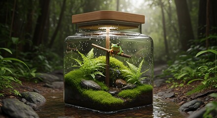 Sealed Glass Terrarium Jar with Frog, Moss, and Ferns, Representing a Miniature Ecosystem, Nature Conservation, Ecology, and Environmental Protection in a Rainforest

