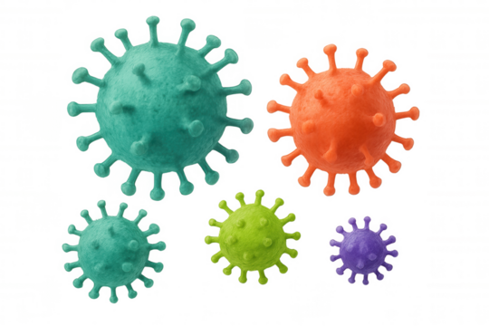 Colorful 3d models of coronaviruses floating, representing global viral infection and pandemic outbreak on transparent background