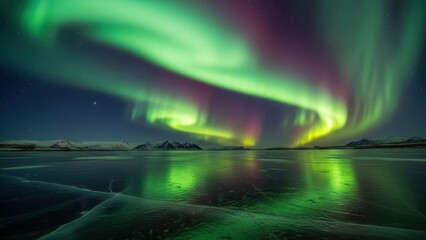 Green and magenta aurora borealis reflected on an icy surface.