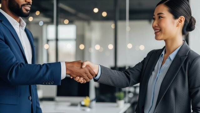Diverse business handshake between a Black man and an Asian woman.