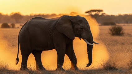 Naklejka premium African elephant walking through a dusty savanna at sunset.