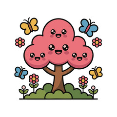 Kawaii Pink Tree with Cute Flowers and Butterflies - Adorable Cartoon Nature Illustration
