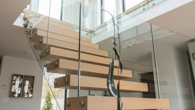 Low-angle view of a modern floating staircase with glass panels.