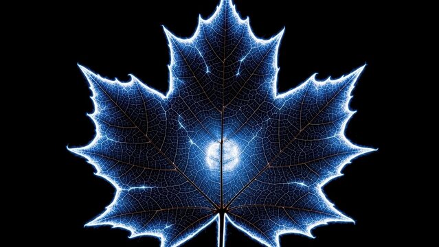 Luminous blue maple leaf with a glowing orb at the center.