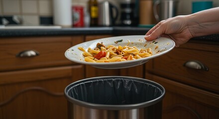 Close-up of hand holding a plate over trash can, dropping leftovers, environmental issue, home kitchen background slightly blurred