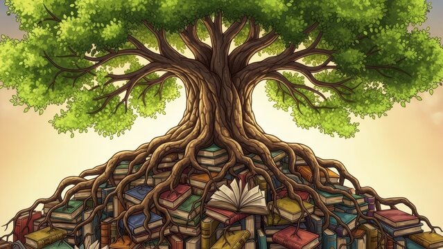 Illustration of a large tree with its roots growing in a pile of books.