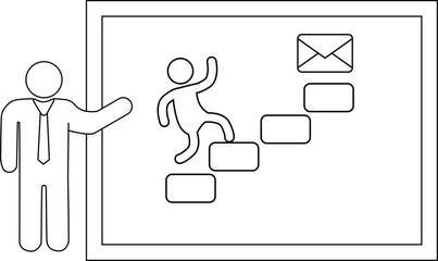 Presenter gesturing toward board showing a figure ascending steps to an envelope
