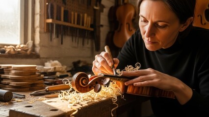 A female luthier meticulously carves the scroll of a violin in her workshop.