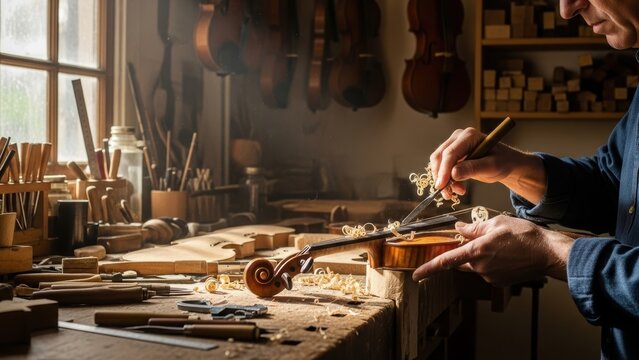 A luthier in his workshop, carefully carving a violin with wood shavings on the workbench.