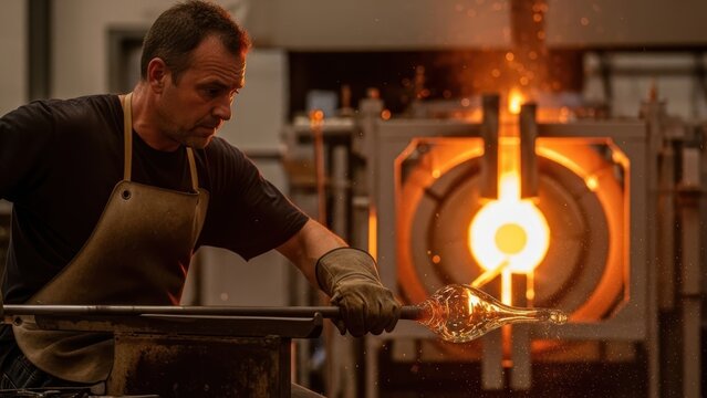 A glassblower carefully shaping molten glass on a blowpipe in front of a fiery furnace.