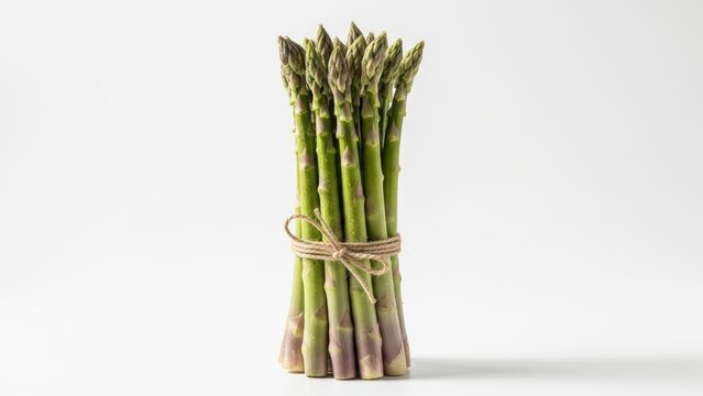 Bunch of fresh green asparagus tied with twine on a white background.