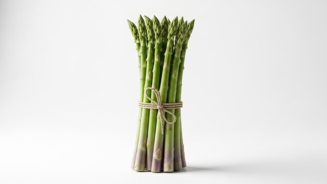 Fresh asparagus bundle tied with a string, isolated on white.